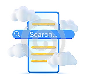 3D Smartphone with Search Bar in Clouds Isolated.