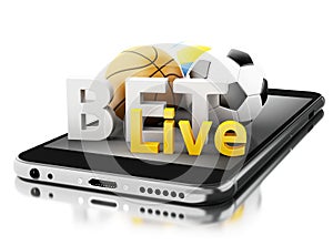 3d Smartphone with sport balls and bet live. Betting concept. photo