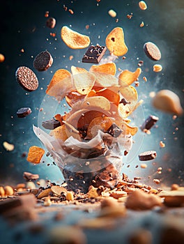 3D Snacks. Messy Potato Chip Stack. Art background.