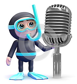 3d Snorkel diver and retro radio microphone