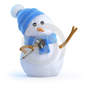 Trojrozměrný sněhulák zpívá mikrofon 