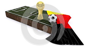 3D Soccer ball and trophy on grass patch with flag