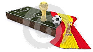 3D Soccer ball and trophy on grass patch with flag