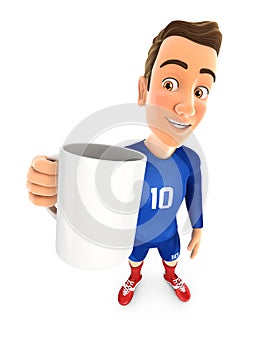 3d soccer player blue jersey standing with cup