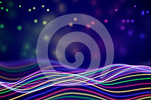 3D Sound waves with floating particles. Data abstract visualization.