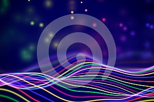3D Sound waves with floating particles. Data abstract visualization.