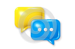3d speech bubble icon. Chat comment with ellipsis icon. Blue talk message box. Social media dialog banner. Vector photo