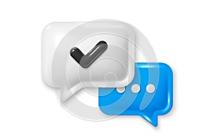 3d speech bubble icon with checkmark. Chat comment with ellipsis icon. Talk message box. Social media dialog. Vector photo