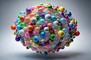 3D sphere of multicolored rings in cloud from multicolored drops. 3D abstract. Sphere of multicolored rings in cloud from