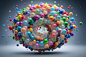 3D sphere of multicolored rings in cloud from multicolored drops. 3D abstract. Sphere of multicolored rings in cloud from