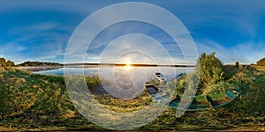 3D spherical panorama with 360 viewing angle. Ready for virtual reality. Sunrise at the bank of lake. Boats on the bank of lake. photo