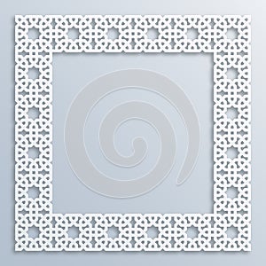 3D square white frame, vignette. Islamic geometric border Vector muslim, persian motif. Elegant oriental ornament photo