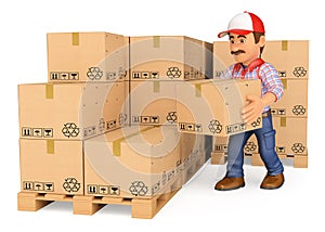 3D Storekeeper stacking boxes in a warehouse photo