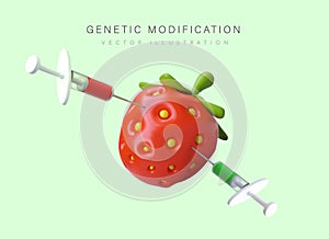 3D strawberry pierced by two syringes with liquid. Genetic engineering, GMO