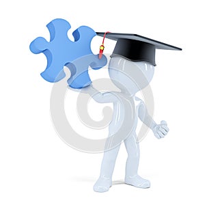 3D Student with a piece of puzzle. Isolated. Contains clipping path. photo