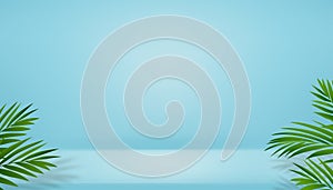 3D Studio Room Display with Coconut palm leaf and Shadow on blue wall background,Empty gallery room with podium,Vector backdrop