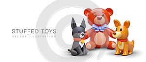 3D stuffed toys. Black cat, teddy bear, cute dog. Small children toy friends, pets