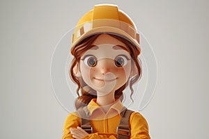 3D style cute cartoon character of a female construction worker against a white background