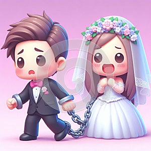 3d style scared chained groom running from bride commitment phobia