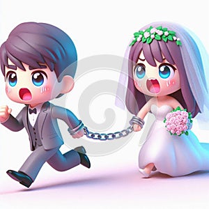3d style scared chained groom running from bride commitment phobia