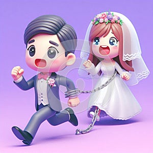 3d style scared chained groom running from bride commitment phobia