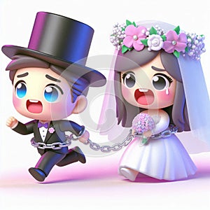 3d style scared chained groom running from bride commitment phobia