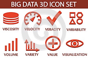 3D styled big data vector icon set isolated on white background. Velocity, veracity, viscosity, variability, volume, variety. photo