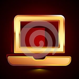 3D stylized Laptop icon. Golden vector icon. Isolated symbol illustration on dark background