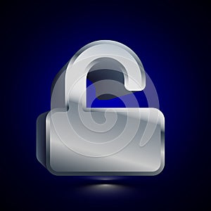 3D stylized Opened Lock icon. Silver vector icon. Isolated symbol illustration on dark background