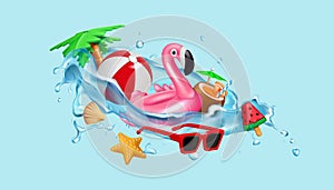 3D summer party. Beach vacation. Summertime holidays journey. Kids toy ball. Inflatable flamingo in sea water splash