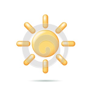 3D sun weather icon. Mobile element sunny travel summer logo. Sunscreen cream symbol spf button yellow rays glowing