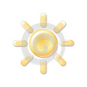 3D sun weather icon. Mobile element sunny travel summer logo. Sunscreen cream symbol spf button yellow rays glowing