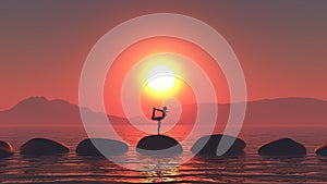 3D sunset landscape with female in yoga pose on stepping stones in ocean