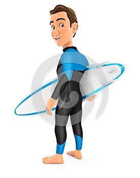 3d surfer holding surfboard with his back turned