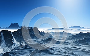 3D surreal landscape with snowy mountains
