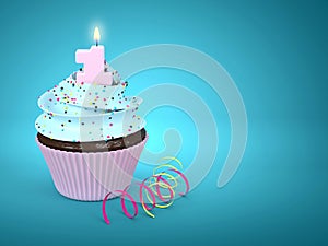 3d sweet cupcake with number 1 candle over blue