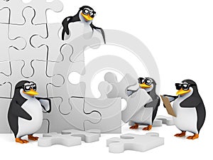 3d Team of penguins solve a puzzle