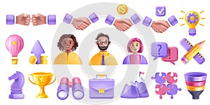 3D teamwork partner person avatar vector icon set, handshake, puzzle, partnership project funnel.