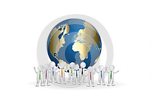 3D teamwork people around global world vector logo