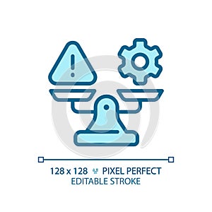 2D thin line blue warning and gear on weight scale icon