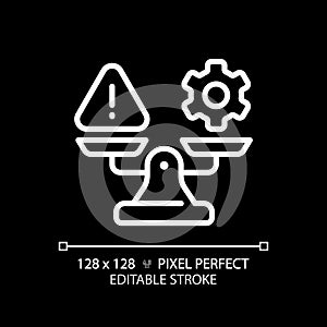 2D thin line white warning and gear on weight scale icon