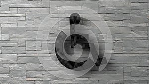 3d toilet disable sign on white brick wall.