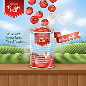 3d tomato can, green fields and blue sky countryside background, chicha. Fresh natural juice ingredients, canned