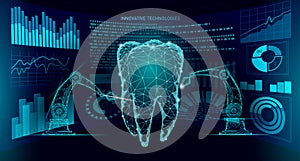 3d tooth innovation robot arm polygonal concept. Stomatology symbol low poly triangle abstract oral dental medical care photo