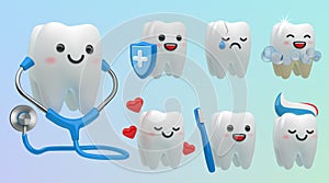 3D tooth. Teeth dentist icons. Smile dental character. Happy dentistry or dent care. Cheerful or sad faces. Molar photo