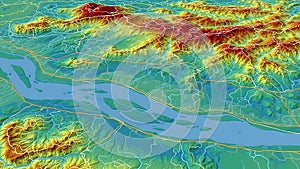 3D Topographic Map of a River Valley with Elevation Data and Infrastructure