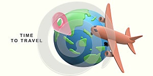 3d tourism and travel concept,eath and location pin with airplane flying. Vector illustration photo
