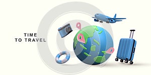 3d tourism and travel concept,eath and location pin with airplane flying. Vector illustration photo