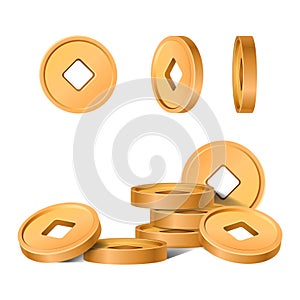 3d traditional Chinese golden coins with square hole. Ancient old gold money set. Asian coin different angles