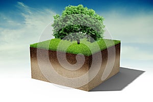 3d tree on a little piece of land island with green grass